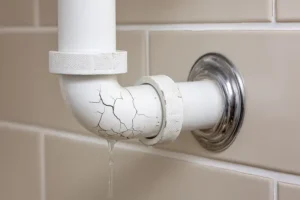 F.J. Murphy & Son, Inc. — A cracked white pipe leaking water against a tiled wall in a bathroom in a residential Springfield, IL home.