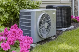 F.J. Murphy & Son, Inc. — An outdoor AC unit surrounded by spring flowers outside a suburban home in Springfield, IL.