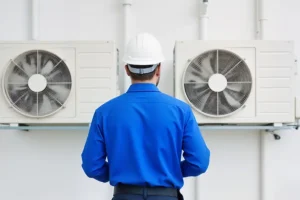 F.J. Murphy & Son, Inc. — An HVAC Technician Inspecting Large Commercial Air Conditioning Units at a Business in Springfield, IL.
