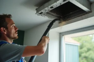 F.J. Murphy & Son, Inc.—A technician cleaning air ducts with a vacuum hose inside a modern home in Springfield, IL.