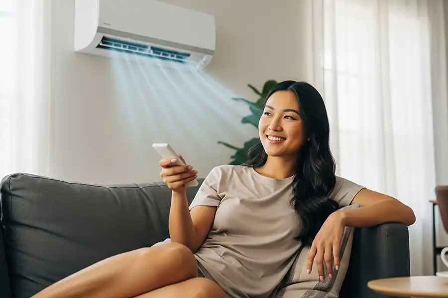 F.J. Murphy & Son, Inc.—A young woman uses a remote to control the cool air flow from her AC wall unit to beat the summer heat in Springfield, IL.